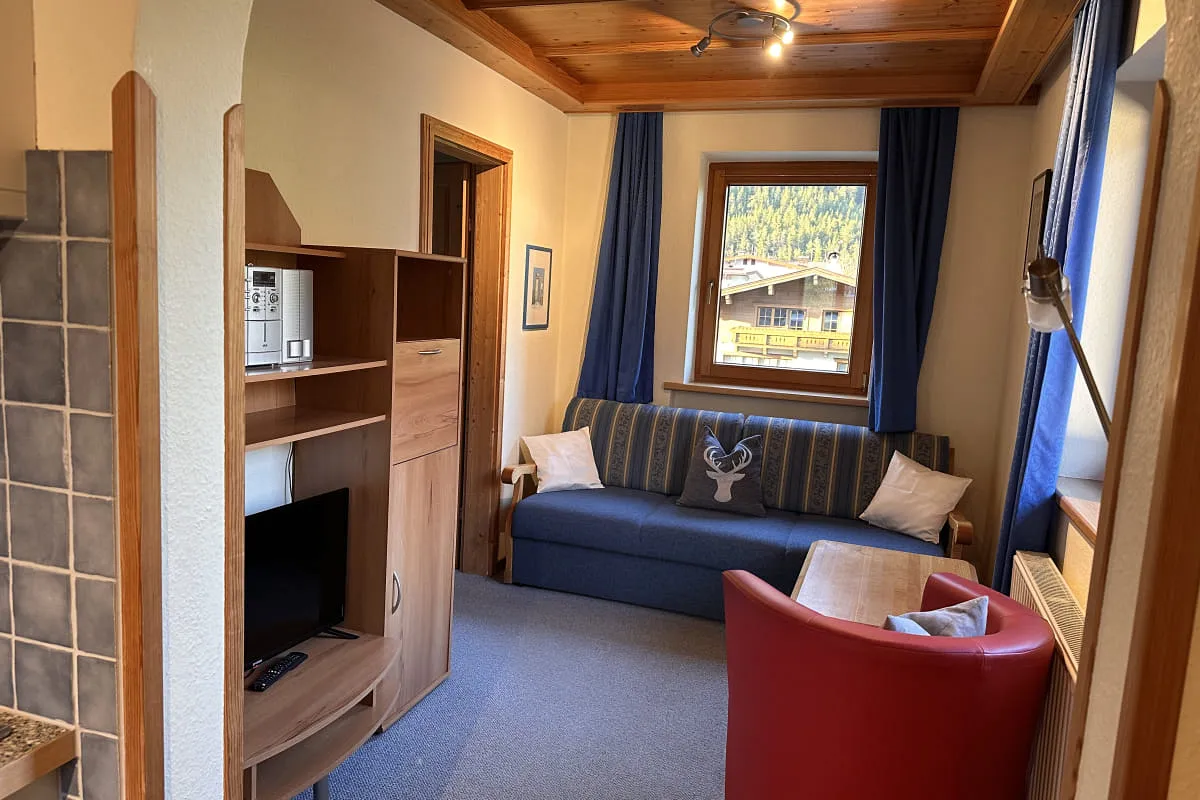 Wohnbereich mit Sofa, Fernseher und Fensterblick auf die Berge